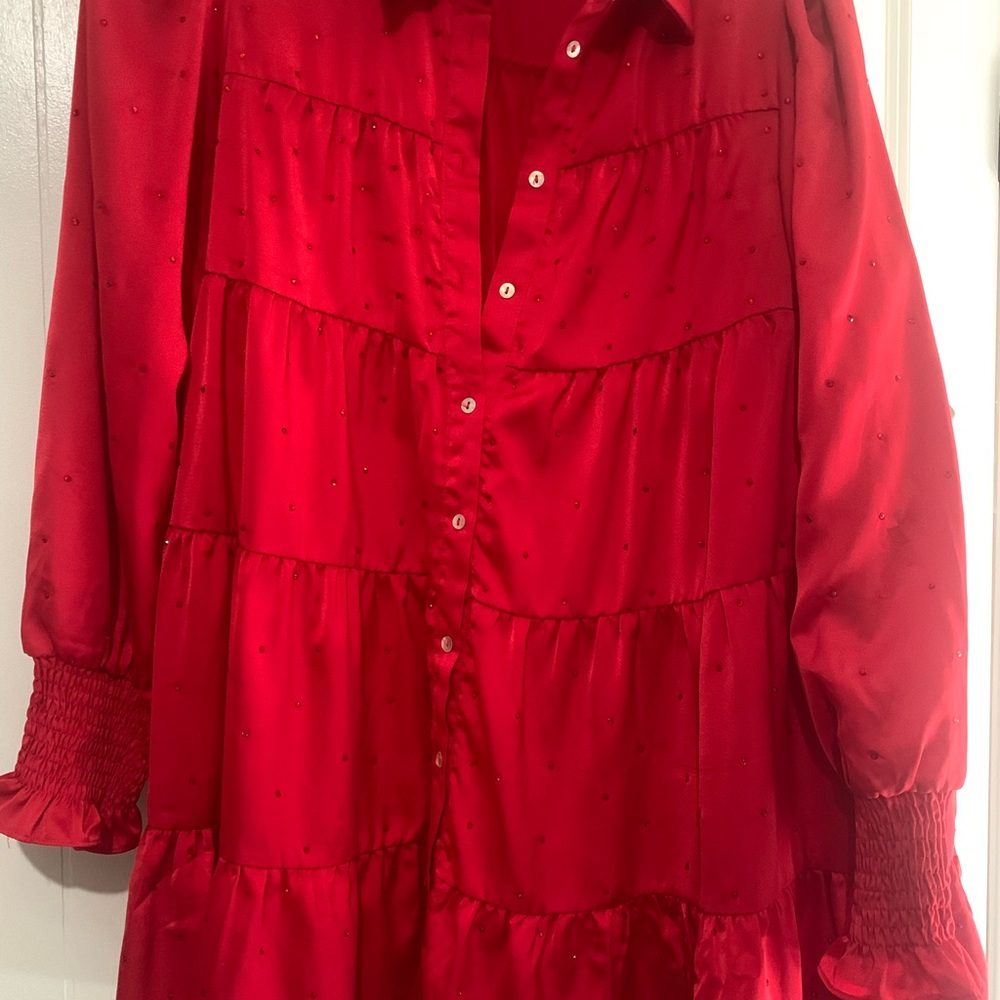 Red Button-Up Dress with Long Sleeves